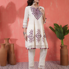 Kimayra Jacquard Knee Length Solid 3/4 Sleeves Round Neck Flared Kurta Suit Set