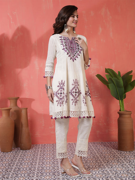 Kimayra Jacquard Knee Length Solid 3/4 Sleeves Round Neck Flared Kurta Suit Set