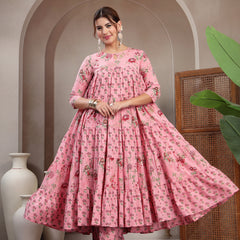 Kimayra Cotton Calf Length Printed 3/4 Sleeve Key Hole Neck Flared Kurta Suit Set