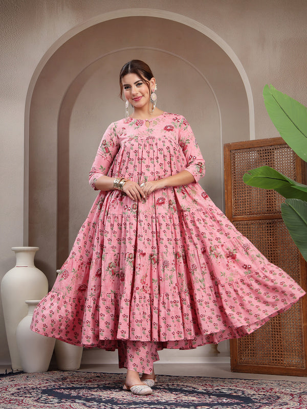 Kimayra Cotton Calf Length Printed 3/4 Sleeve Key Hole Neck Flared Kurta Suit Set