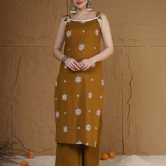 Kimayra Rayon Calf Length Printed Sleeveless Round Neck Straight Kurta Suit Set