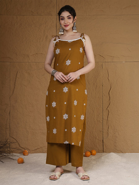 Kimayra Rayon Calf Length Printed Sleeveless Round Neck Straight Kurta Suit Set