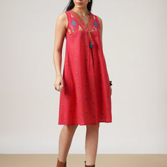 Kimayra Cotton Mid Length Printed Sleeveless V-Neck Flared Dress
