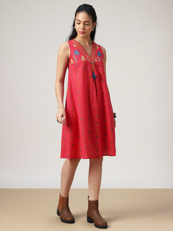 Kimayra Cotton Mid Length Printed Sleeveless V-Neck Flared Dress