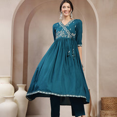 Kimayra Rayon Calf Length Solid 3/4 Sleeve Angrakha Flared Kurta Suit Set