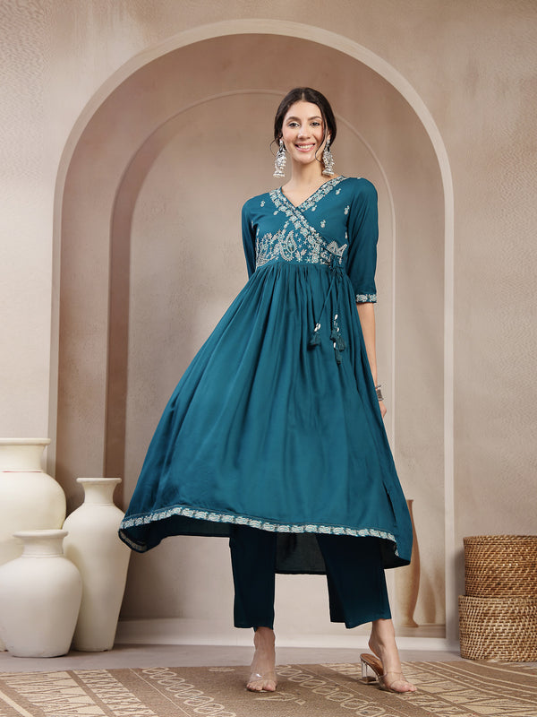 Kimayra Rayon Calf Length Solid 3/4 Sleeve Angrakha Flared Kurta Suit Set