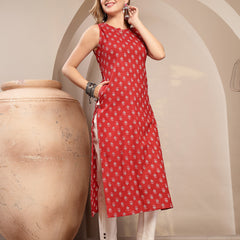 Kimayra Cotton Calf Length Printed Sleeveless Round Neck Straight Kurta