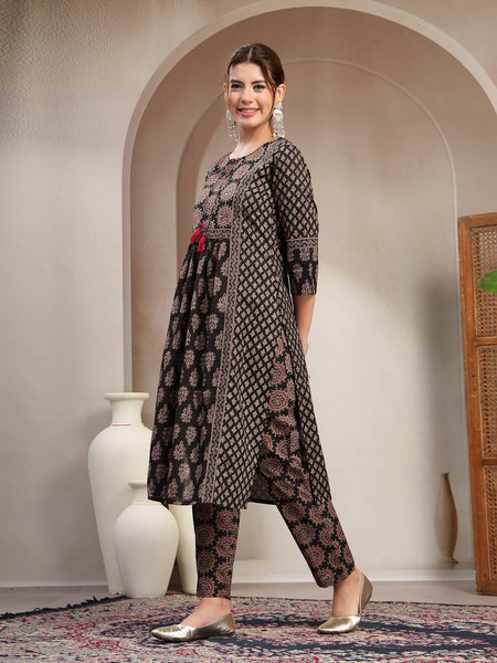 Kimayra Cotton Calf Length Printed 3/4 Sleeve Key Hole Neck Flared Kurta Suit Set