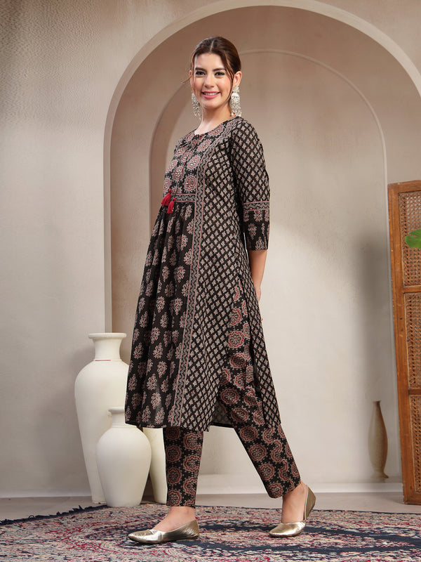 Kimayra Cotton Calf Length Printed 3/4 Sleeve Key Hole Neck Flared Kurta Suit Set
