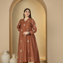 Kimayra Chanderi Calf Length Solid 3/4 Sleeves V-Neck Flared Kurta Suit Set