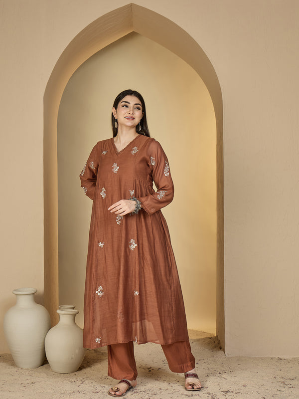 Kimayra Chanderi Calf Length Solid 3/4 Sleeves V-Neck Flared Kurta Suit Set