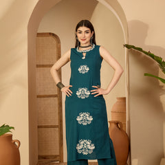 Kimayra Cotton Calf Length Printed Sleeveless Round Neck Straight Kurta Suit Set