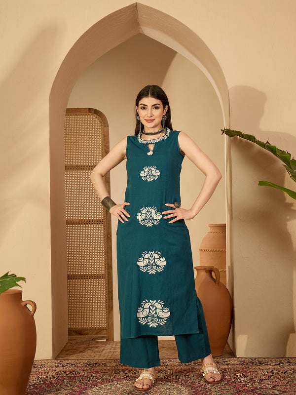 Kimayra Cotton Calf Length Printed Sleeveless Round Neck Straight Kurta Suit Set