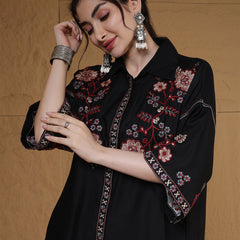 Kimayra Rayon Hip Length Solid 3/4 Sleeves Shirt Collar Flared Top