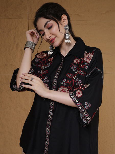 Kimayra Rayon Hip Length Solid 3/4 Sleeves Shirt Collar Flared Top