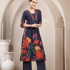 Kimayra Rayon Calf Length Printed 3/4 Sleeve V-Neck A-Line Kurta Suit Set