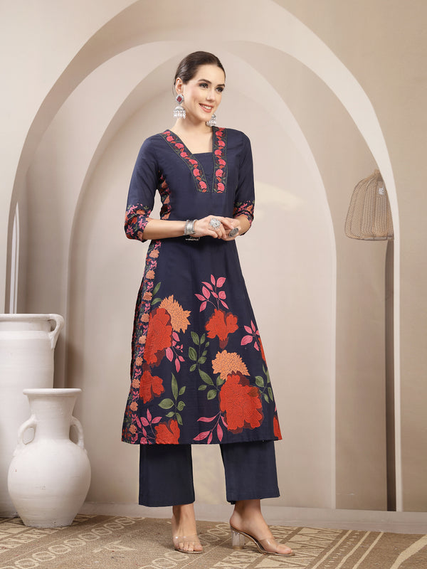 Kimayra Rayon Calf Length Printed 3/4 Sleeve V-Neck A-Line Kurta Suit Set
