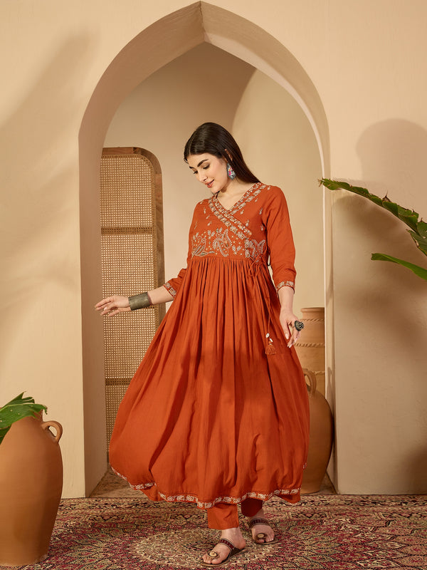 Kimayra Cotton Calf Length Solid 3/4 Sleeve V-Neck Anarkali Kurta Suit Set