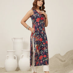 Kimayra Cotton Calf Length Printed Sleeveless V-Neck Straight Kurta