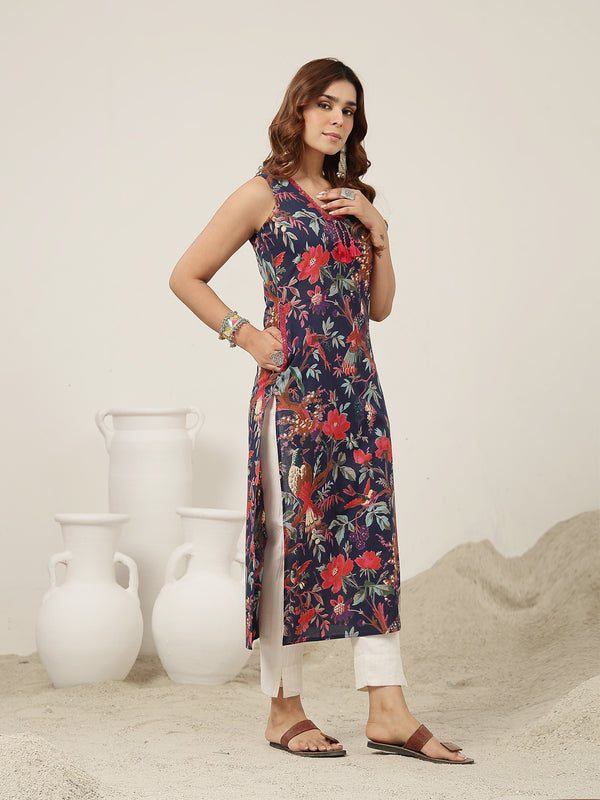Kimayra Cotton Calf Length Printed Sleeveless V-Neck Straight Kurta