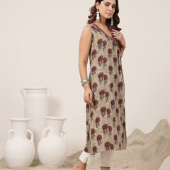 Kimayra Rayon Calf Length Printed Sleeveless V-Neck Flared Kurta