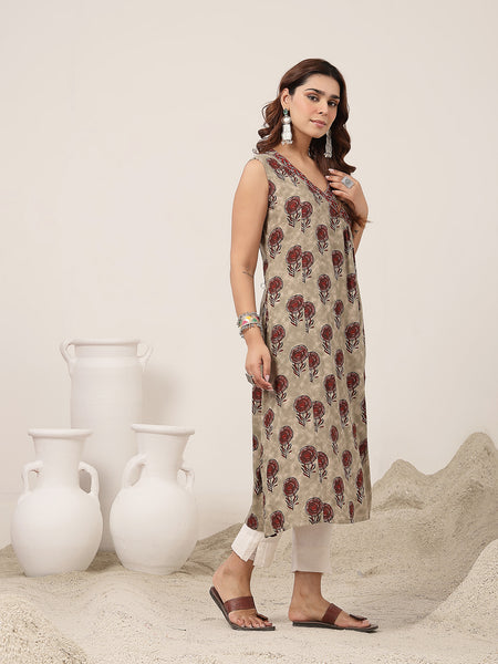 Kimayra Rayon Calf Length Printed Sleeveless V-Neck Flared Kurta