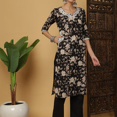 Kimayra Cotton Calf Length Printed 3/4 Sleeves Round Neck Anarkali Kurta Suit Set