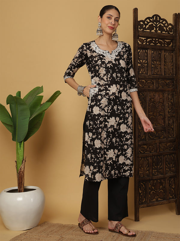 Kimayra Cotton Calf Length Printed 3/4 Sleeves Round Neck Anarkali Kurta Suit Set