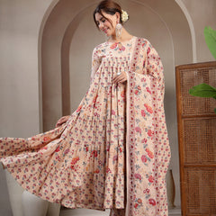 Kimayra Cotton Calf Length Printed 3/4 Sleeve Key Hole Neck Flared Kurta Suit Set