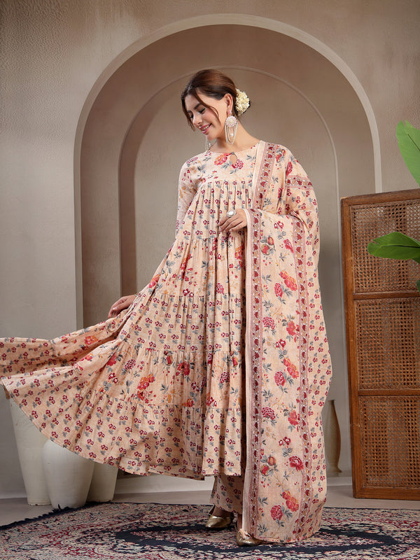 Kimayra Cotton Calf Length Printed 3/4 Sleeve Key Hole Neck Flared Kurta Suit Set