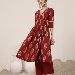 Kimayra Cotton Calf Length Printed 3/4 Sleeve V-Neck Flared Kurta Suit Set