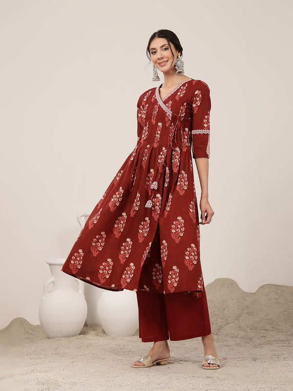 Kimayra Cotton Calf Length Printed 3/4 Sleeve V-Neck Flared Kurta Suit Set