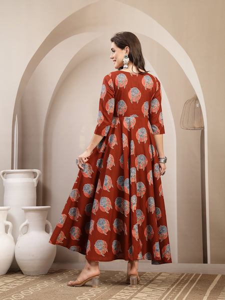 Kimayra Cotton Calf Length Printed 3/4 Sleeve V-Neck Flared Kurta