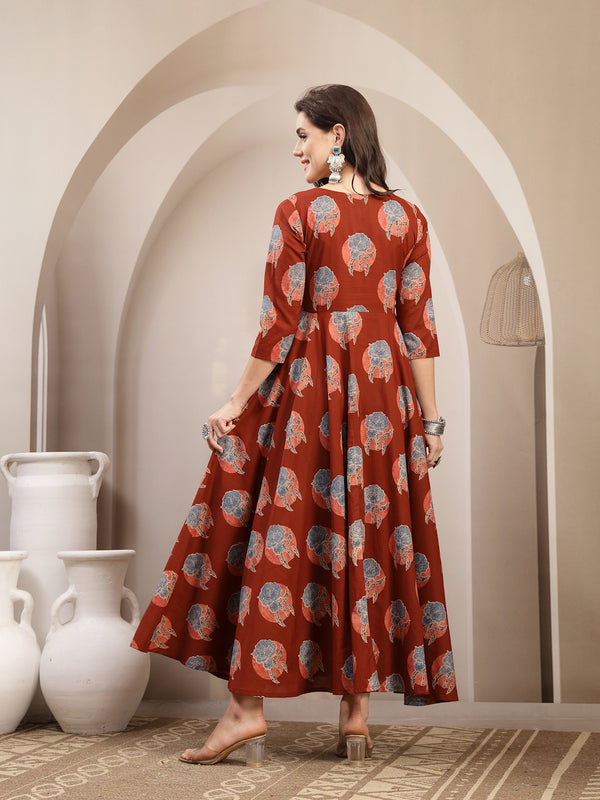 Kimayra Cotton Calf Length Printed 3/4 Sleeve V-Neck Flared Kurta