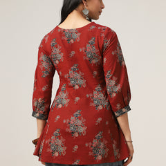 Kimayra Cotton Hip Length Printed 3/4 Sleeve V-Neck Flared Top