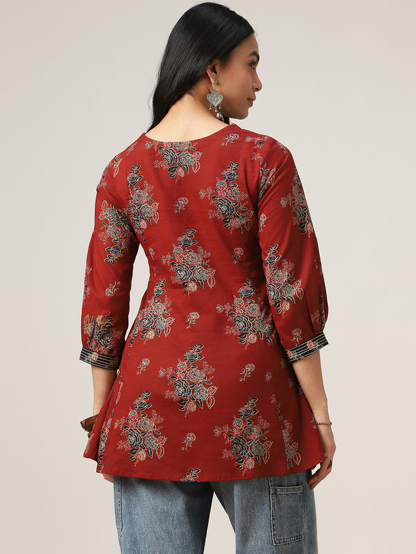 Kimayra Cotton Hip Length Printed 3/4 Sleeve V-Neck Flared Top