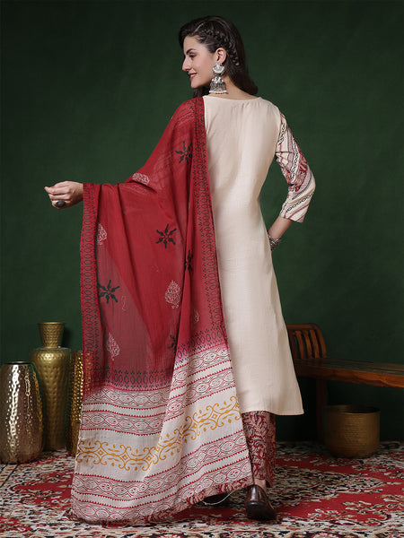 Kimayra Cotton Flex Calf Length Solid 3/4 Sleeves V-Neck Straight Kurta Suit Set