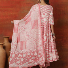 Kimayra Cotton Ankle  Length Printed 3/4 Sleeves Round Neck Full Flared Kurta Suit Set
