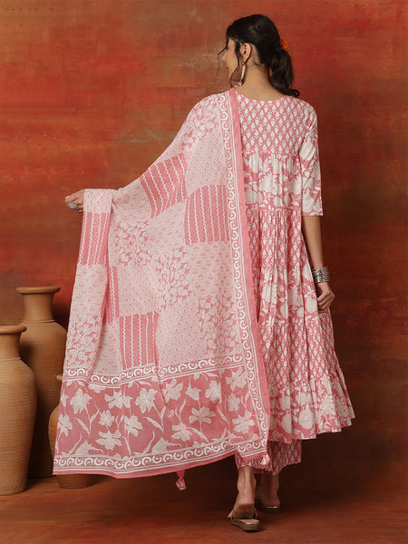 Kimayra Cotton Ankle  Length Printed 3/4 Sleeves Round Neck Full Flared Kurta Suit Set
