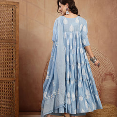 Kimayra Cotton Calf Length Printed 3/4 Sleeve Round Neck Flared Kurta Suit Set