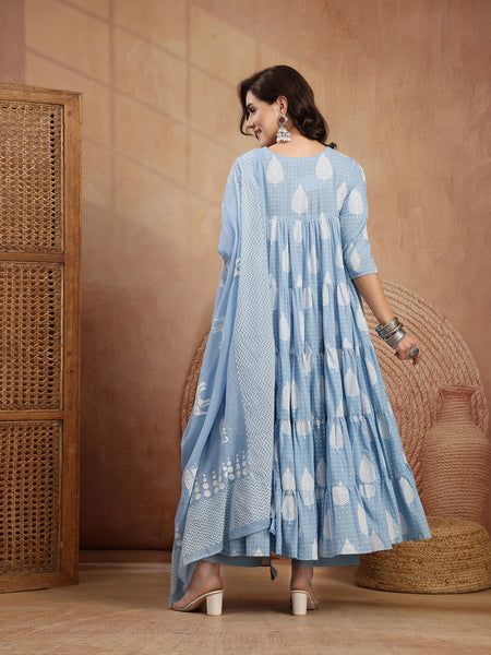Kimayra Cotton Calf Length Printed 3/4 Sleeve Round Neck Flared Kurta Suit Set