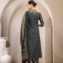 Kimayra Cotton Calf Length Printed 3/4 Sleeve V-Neck A-Line Kurta Suit Set