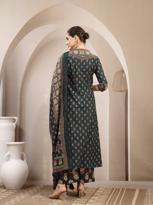 Kimayra Cotton Calf Length Printed 3/4 Sleeve V-Neck A-Line Kurta Suit Set