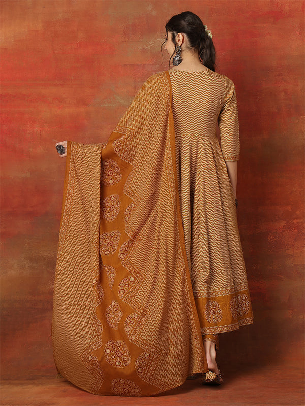 Kimayra Cotton Calf Length Printed 3/4 Sleeves V-Neck Anarkali Kurta Suit Set