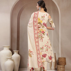 Kimayra Cotton Calf Length Printed 3/4 Sleeve V-Neck Flared Kurta Suit Set