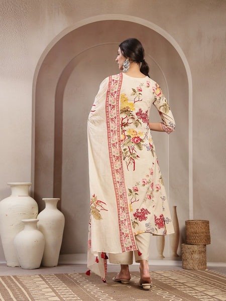 Kimayra Cotton Calf Length Printed 3/4 Sleeve V-Neck Flared Kurta Suit Set
