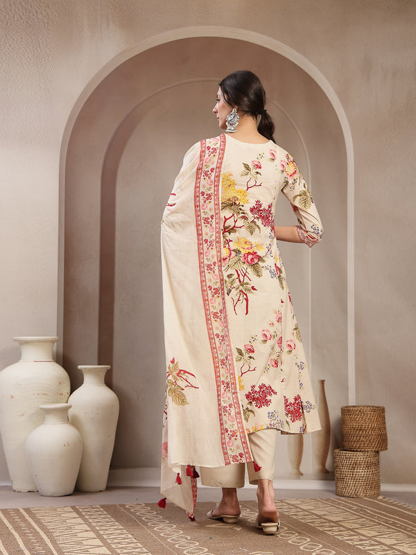 Kimayra Cotton Calf Length Printed 3/4 Sleeve V-Neck Flared Kurta Suit Set
