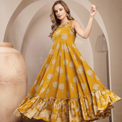 Kimayra Cotton Calf Length Printed Sleeveless Round Neck Flared Dress