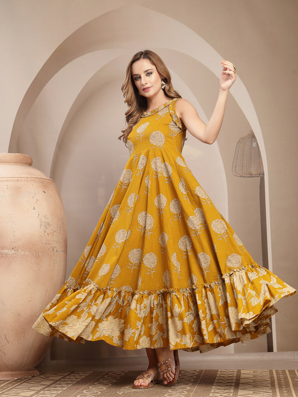 Kimayra Cotton Calf Length Printed Sleeveless Round Neck Flared Dress