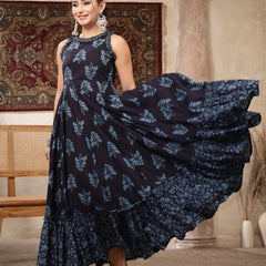Kimayra Cotton Calf Length Printed Sleeveless Round Neck Flared Kurta